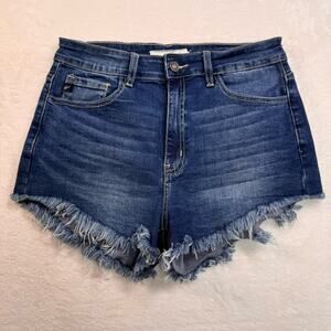 Kancan Cutoff Fringe Hem Jean Shorts Blue Stretchy Beach Vacay Boho Size 28